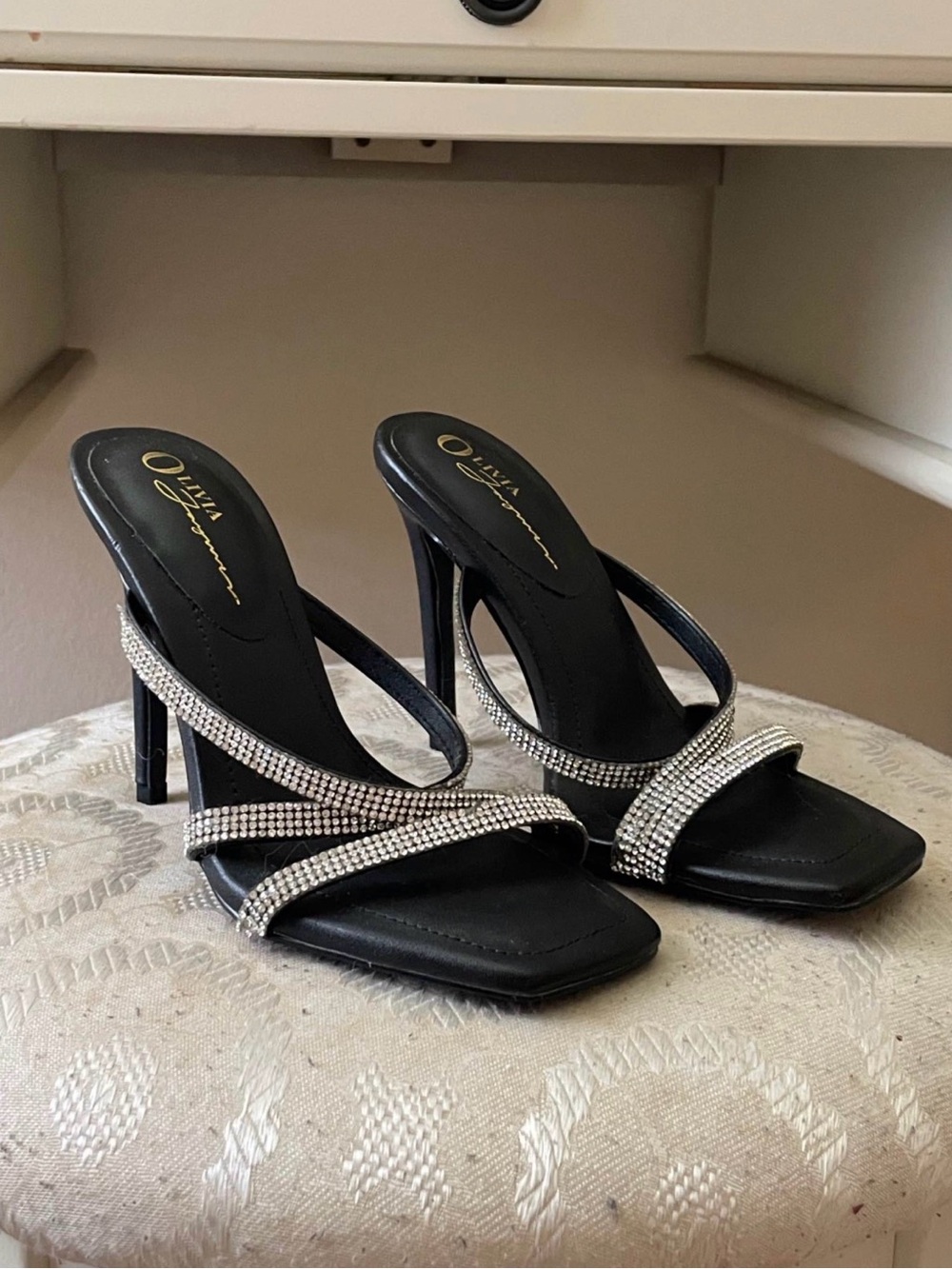 Black Rhinestone Strappy High Heel Sandals